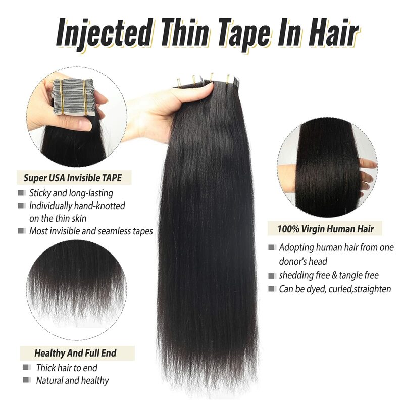 Yaki Straight Tape in Hair Extensions 14-26inches Real Virgin Human Hair Skin Weft Tape in Double Weft Glue in Hair Extensions