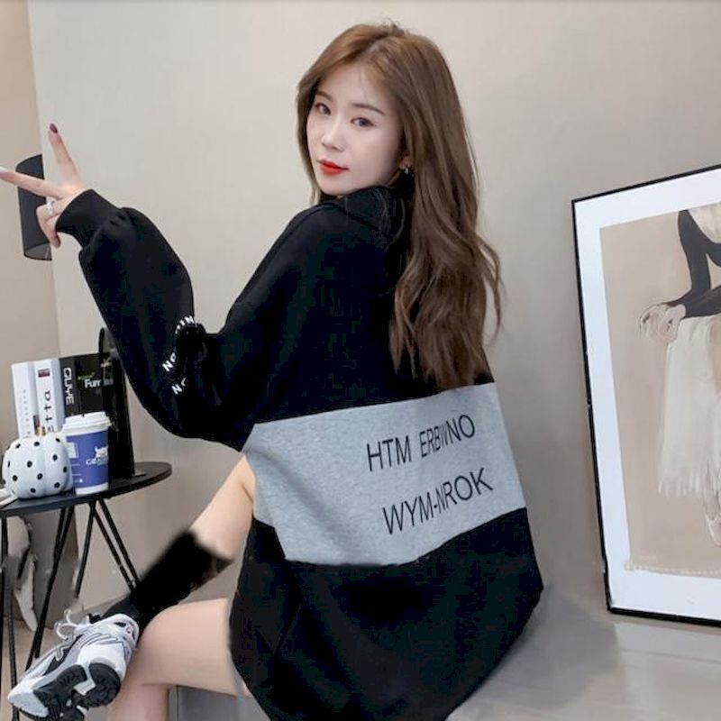 Jersey de estilo coreano para mujer, camiseta de manga larga de talla grande con solapa de letras, Top informal Delgado a la moda, Camiseta holgada para mujer