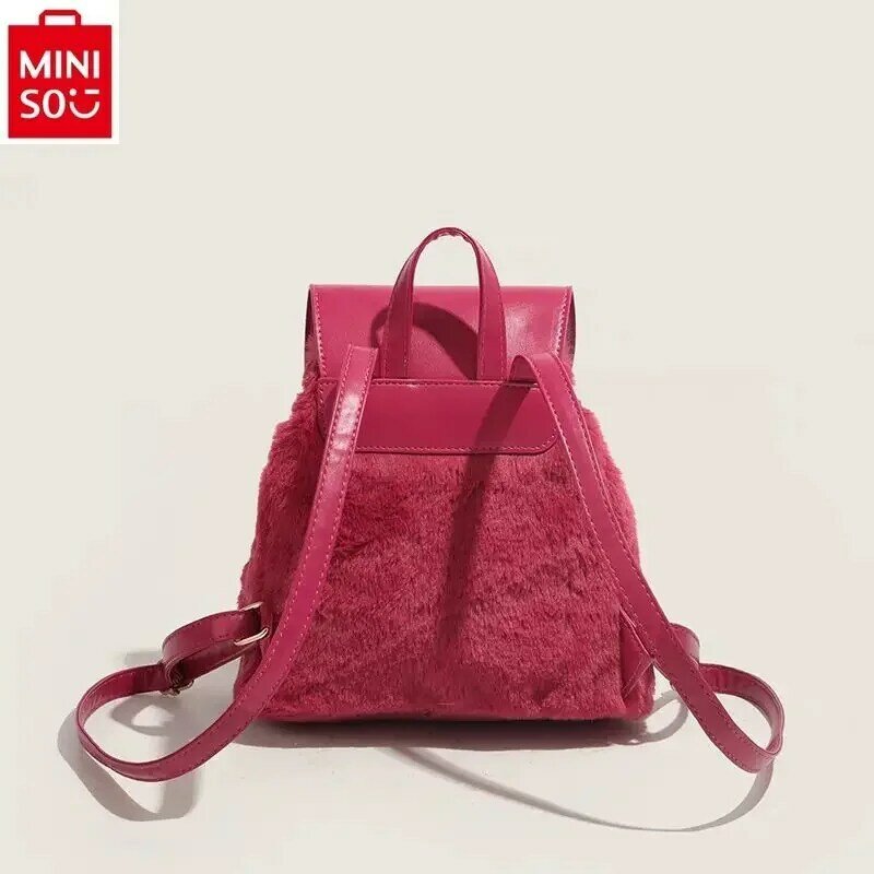 MINISO Disney Strawberry Bear Women's Fashion High Quality Large Capacity Drawstring Plush Sweet and Versatile Storage Backpack