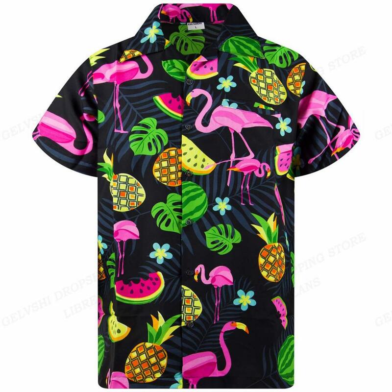 男性と女性のためのフラミンゴハワイアンTシャツ,3Dプリントの半袖トップ,トロピカルリーフ,ファッショナブルなブラウス,ビーチ,夏