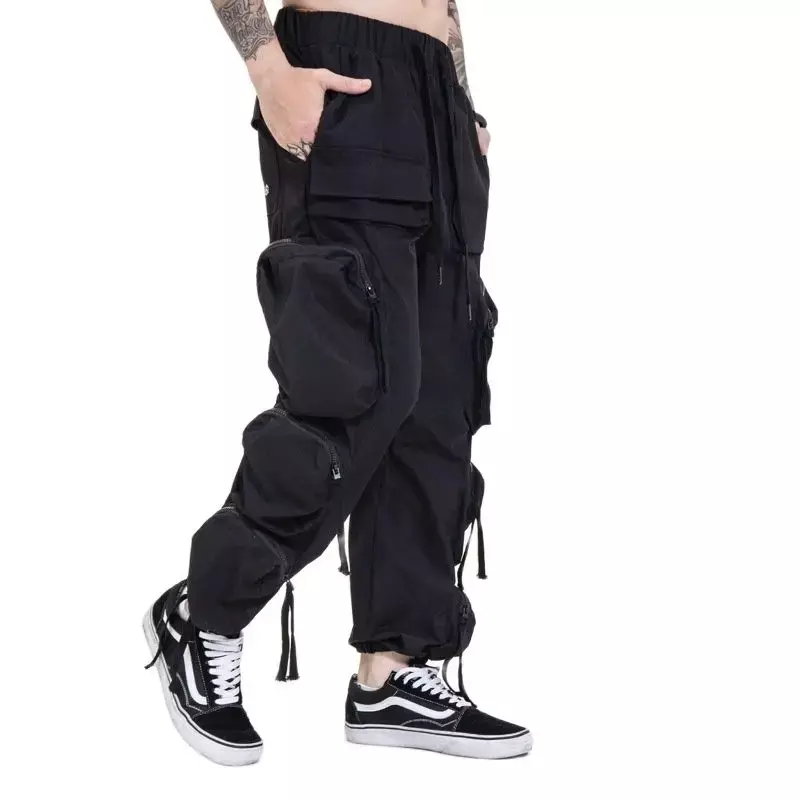 กางเกงคาร์โก้ผู้ชายแฟชั่นมีกระเป๋า3D กางเกงลำลองแนวสตรีทฮิปฮอป XL กางเกงวิ่งหลายสายมีซิป