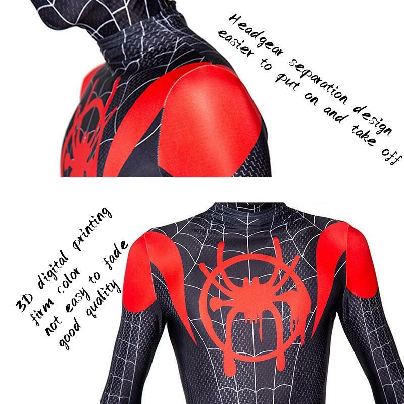 Spider Man Into The Spider Verse Cosplay Costume para Crianças, Miles Morales Bodysuit, Macacões, Trajes de Halloween
