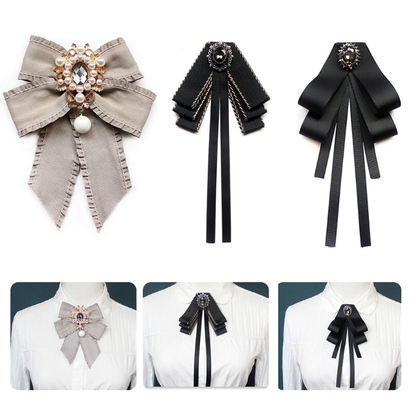 Frauen Vintage Elegante Vorgebundene Krawatte Brosche Imitation Perle Schmuck Band Fliege Corsage für Hemd Kragen Kleidung