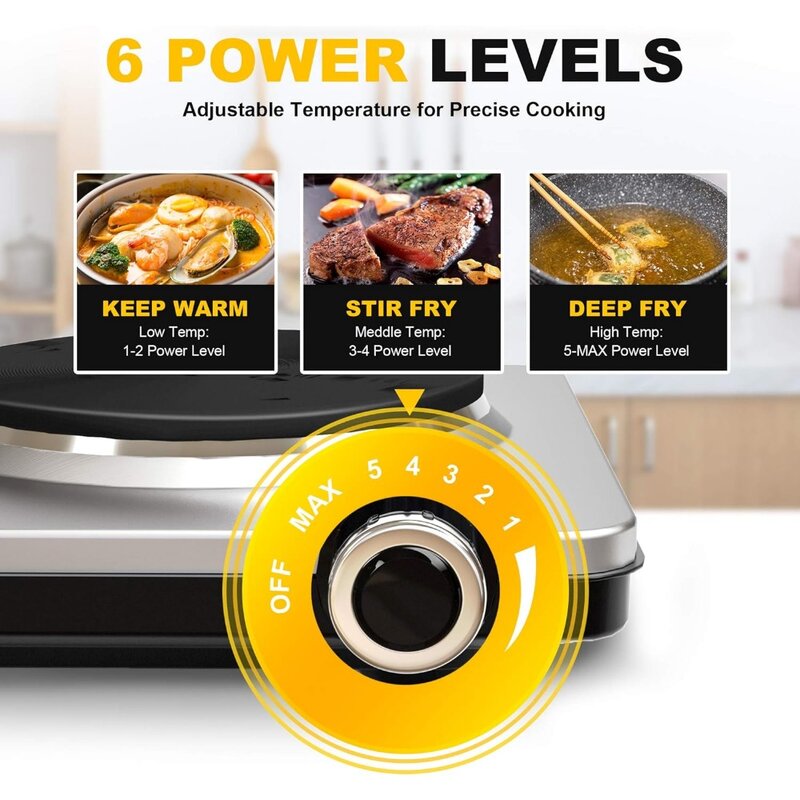 1800W Portable Electric Stove, 6 Speed Adjustable Thermostats, Stainless Steel Hot Plate for Kitchen, Dorm and Camping