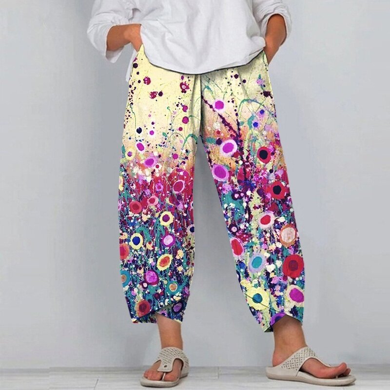 Pantalones informales con estampado Floral para mujer, ropa de calle Vintage Y2k, pantalones Capri holgados con bolsillos para playa, Verano