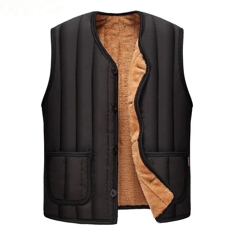 Winter Middle-aged Men's Black Vest Casual Hoodless Cardigan Plus Velvet Thickened Warm Vest Cold Protection Lined Dad Wear