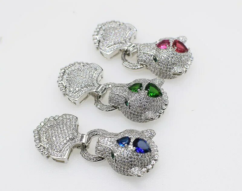 Fermoir tête léopard en zircon vert, 1 pièce, accessoire de bijoux, connecteur, crochet, vente en gros, FPPJ