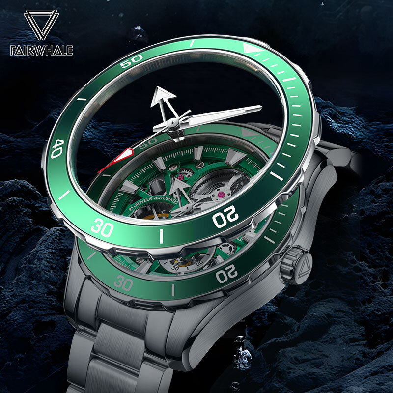 Relógio automático esqueleto de luxo masculino, relógios mecânicos turbilhão, aço inoxidável, verde luminoso, impermeável, casual, homem