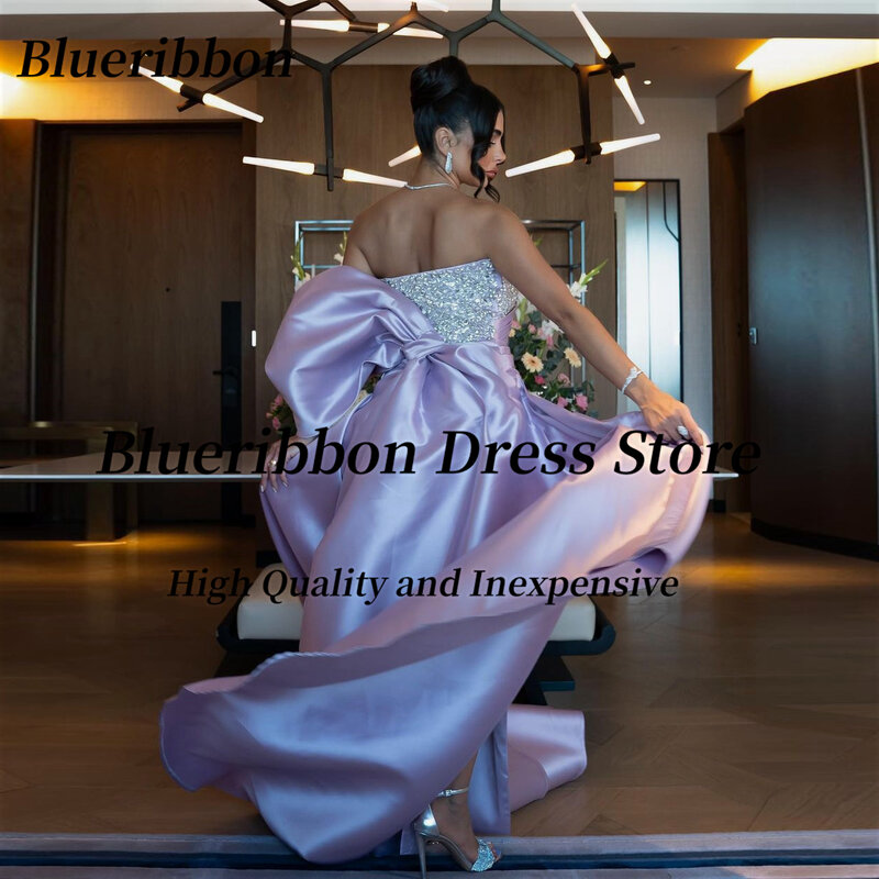 Blueribbon Vestidos De Ocasião Formal Strapless Beaded Sequins Big Bow Prom Dresses Long Ruched Side Slit Evening Party Dress