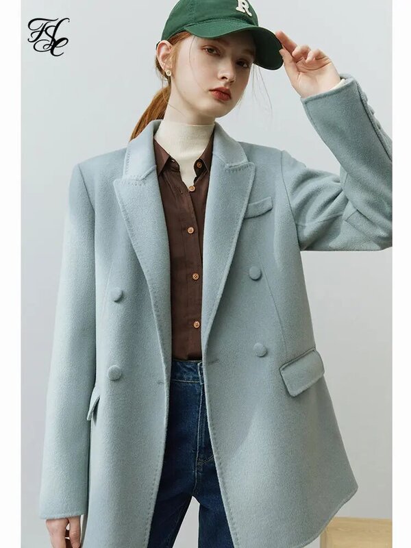 FSLE Women Solid Casual Lapel Collar 100% Wool Blazers 2022 Winter Short Casual Double-Sided Woolen Coats Straight Jacket
