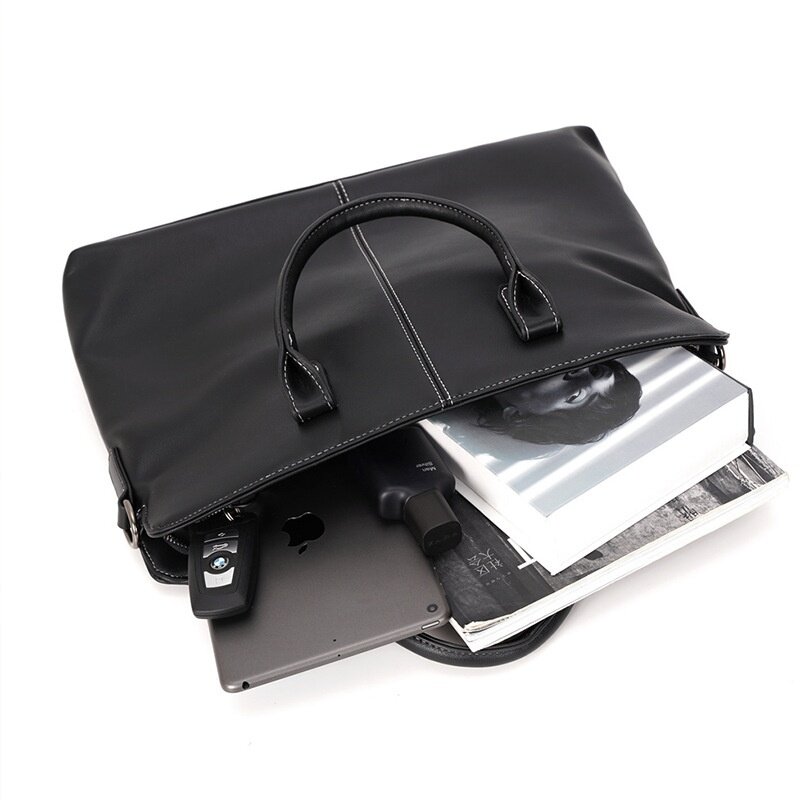 Tas kulit PU bisnis pria, Fashion ritsleting tas Laptop pria kapasitas besar kurir bahu File