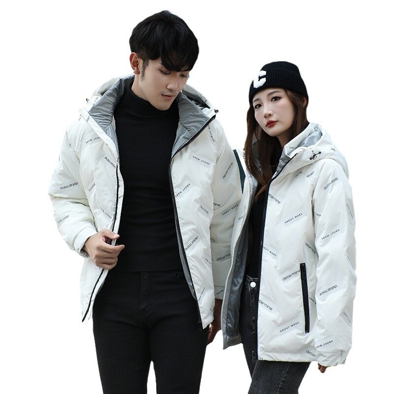 Jaqueta masculina e feminina com capuz, parka de algodão quente, casaco estampado com letras de casal, versátil, moda, inverno