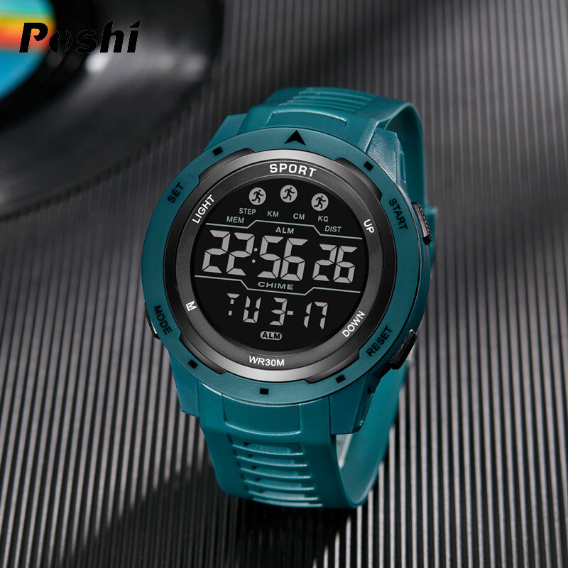 POSHI-Brand Digital Watch para homens, cronômetro, despertador, luz LED, esporte, relógios de pulso, eletrônico, moda ao ar livre