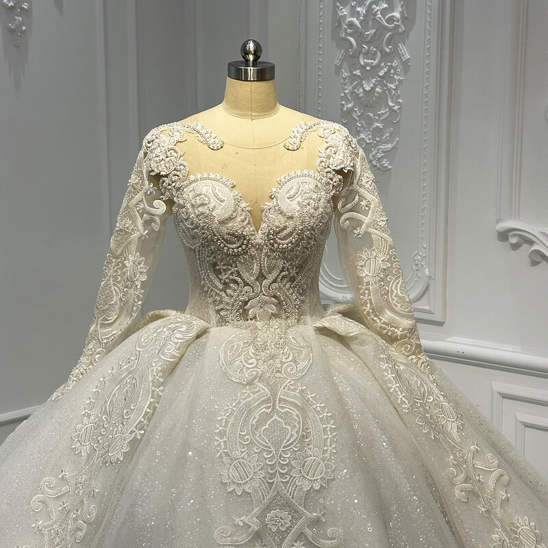 Elegancka popularny projekt damska długa sukienka dla Organza ślubna z haftem z pełnym rękawem suknia ślubna sznurować Vestido Noiva