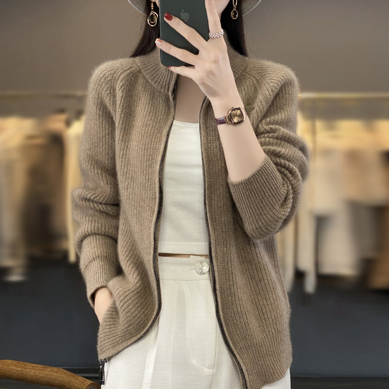100% Pure Wool Zipper Cardigan Padded Shoulder Stand Collar Women's Cashmere Knitted Coat New Lapel Sweater
