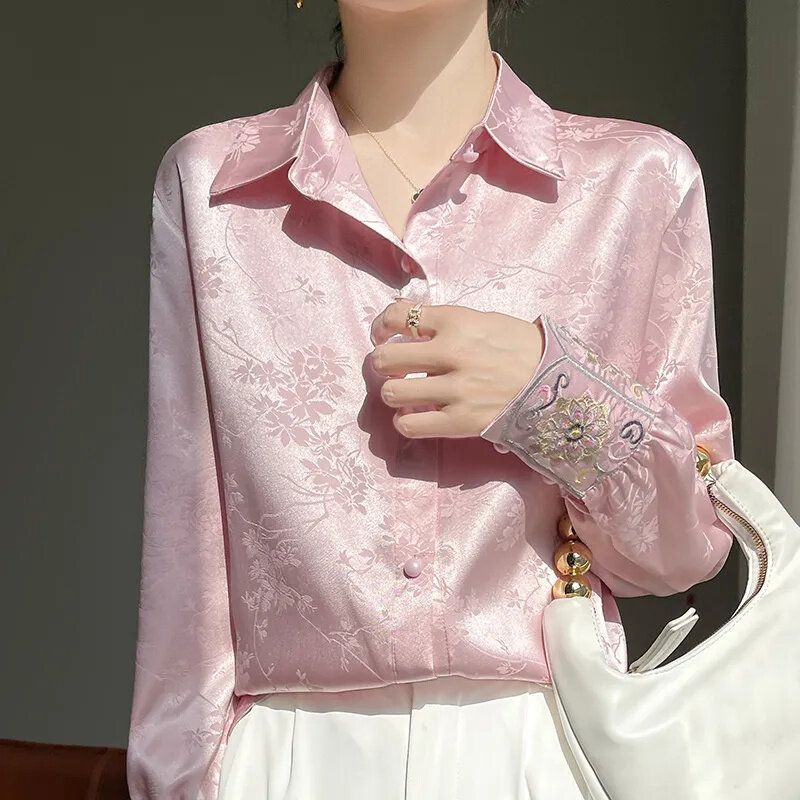 New Acetic Satin Jacquard Shirt Women Spring Summer 2024 New Retro Chinese Style Tang Dress Top Design Long Sleeve Shirt Female