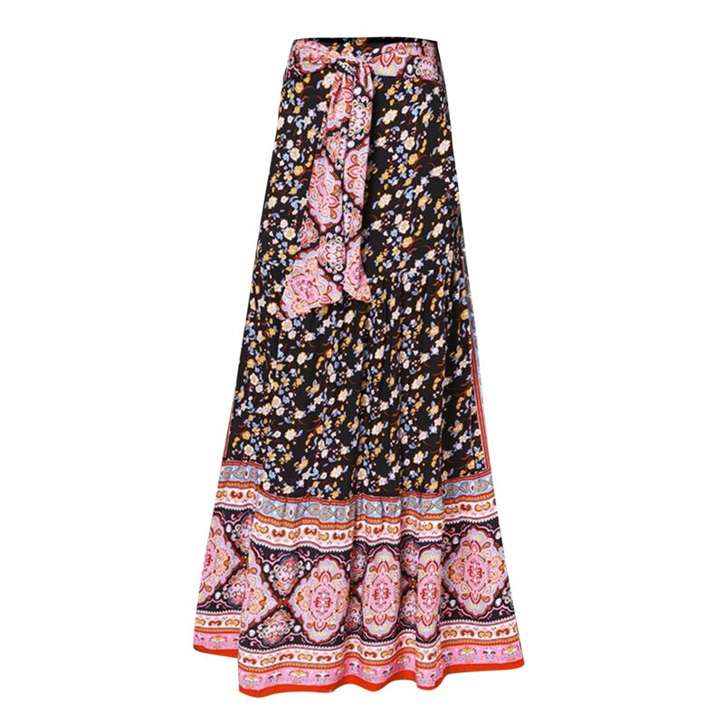 Rok motif bunga wanita gaun panjang menengah ukuran besar longgar pinggang tinggi gaya etnik Retro untuk wanita sastra artistik di musim panas