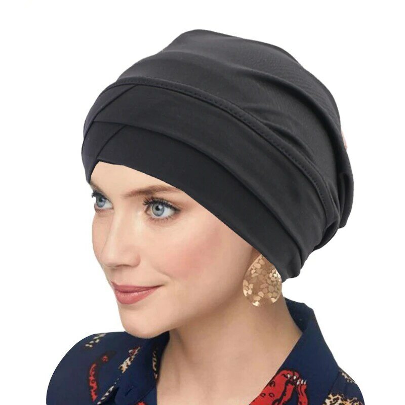 Topi Turban dahi wanita Muslim, warna Solid, topi jilbab dalam, topi Baotou, syal kepala, Bonnet
