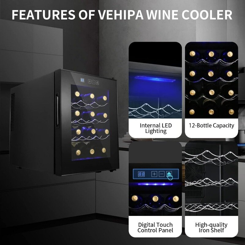 Pendingin anggur 12 botol, kulkas anggur kompak dengan kontrol suhu Digital senyap operasi termoelektrik anak