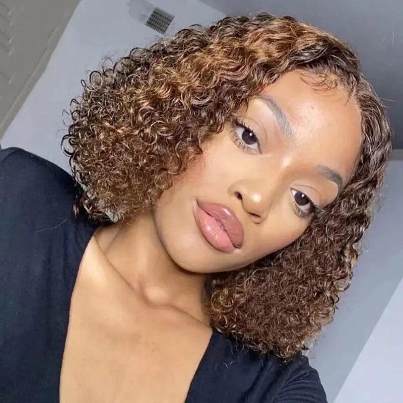 Short Curly Piano Color Hair Frontal Lace Wig Women's Front Lace African Small Curly Wig Set with Lace Synthetic Human Hair