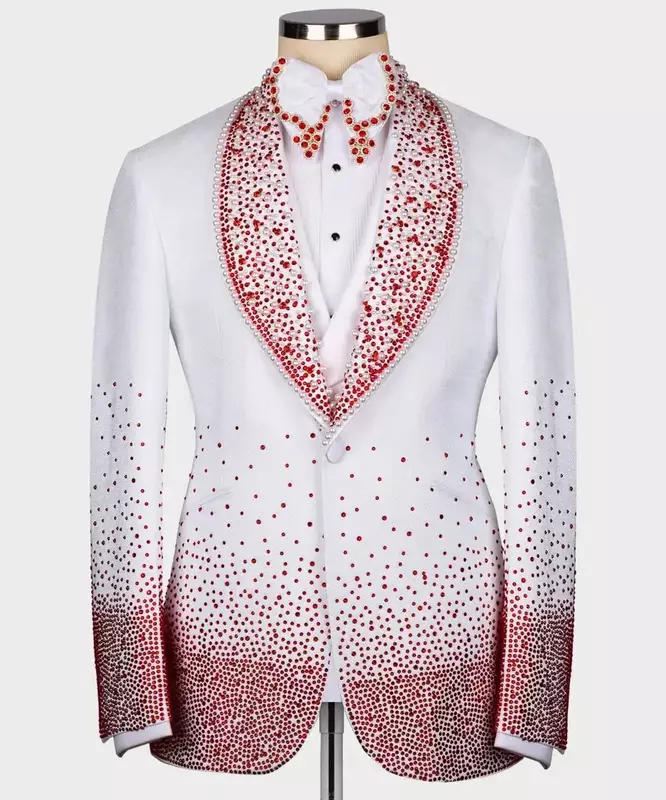 Conjunto de trajes blancos para hombre, chaqueta hecha a medida de 2 piezas, Blazer + Pantalones de lujo con cuentas Rojas, esmoquin para novio, boda, fiesta de graduación, abrigo, Pantalones