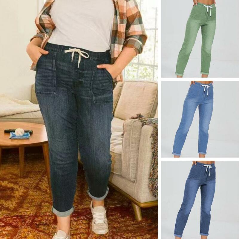 High Waist Denim Pants Streetwear Denim Pants Women's High Waist Lace-up Slim Fit Jeans with Zipper Fly Elastic Straight Leg