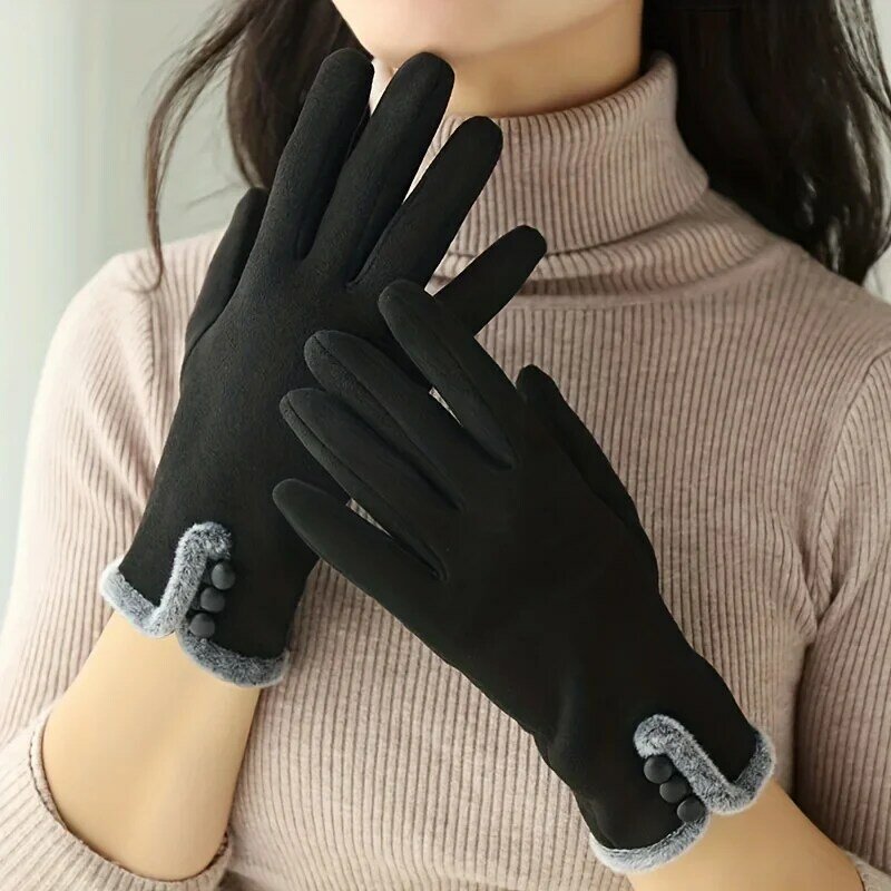Solid Color Elastic Gloves Simple Three Buckles Decor Warm Gloves Winter Warm Sensitive Touch Screen Gloves