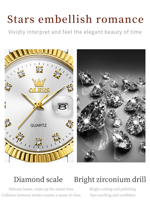 OLEVS Relógio de pulso feminino, relógio feminino luminoso impermeável, conjunto de jóias elegante, diamante luxuoso