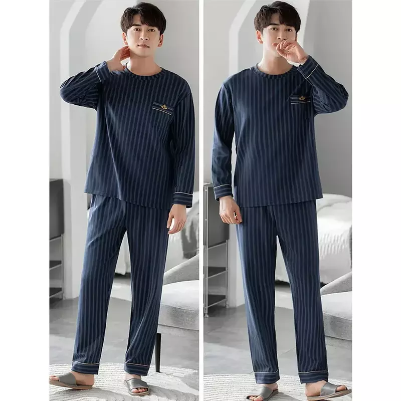Autumn Cotton Fashion 2023 Casual Sleepwear Men Loungewear Spring Striped Male Sets Pajama Pajamas for Comfortable Neck
