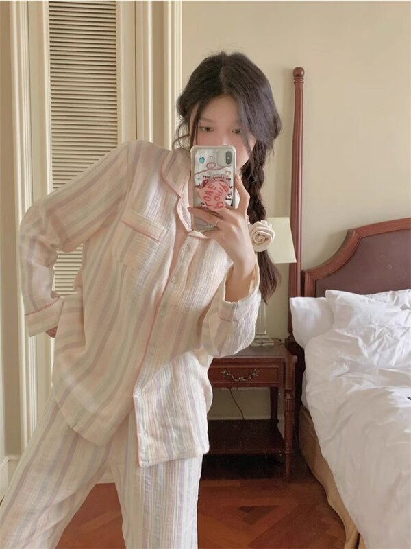 Conjuntos de pijama soltos de manga comprida para mulheres, streetwear listrado minimalista, loungewear doméstico, estilo japonês aconchegante, primavera simples, 2 peças
