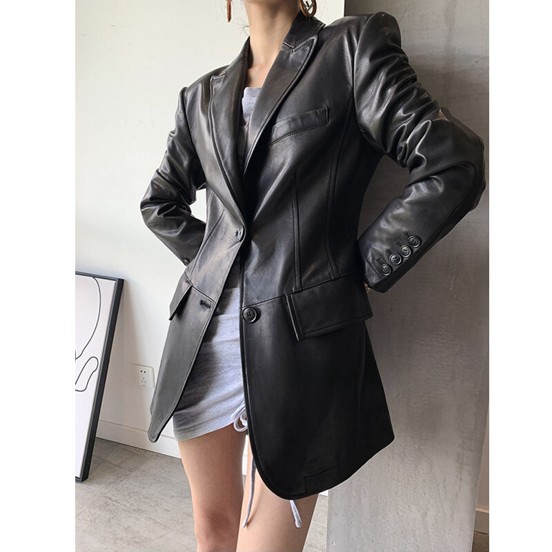Luxury Genuine Leather Blazer Coats 2024 Fashion Women Slim Shaping Waist Shoulder Padded Sheepskin OL Blazer Jackets Ladies