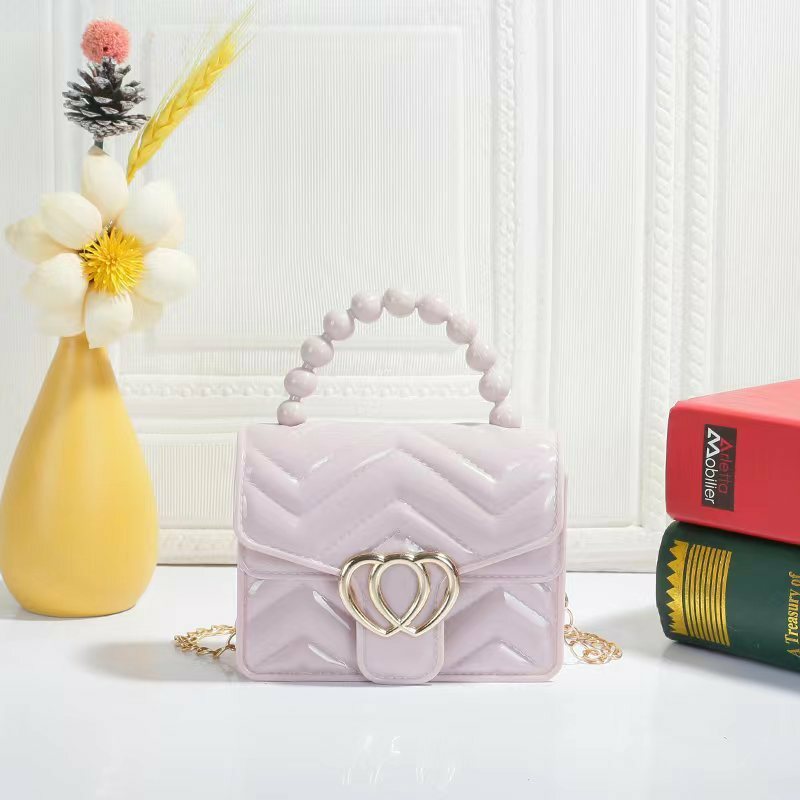 Kids Mini Candy Color Pearl Chain Handle Messenger Bag Women PU Leather Elegant Love Heart Small Shoulder Crossbody Handbag Gift