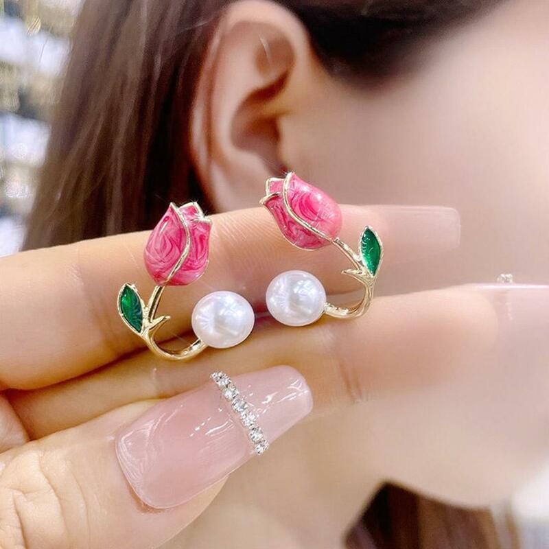 Pendientes de tuerca con forma de flor de tulipán para mujer, aretes de perlas, circonita coreana, exquisito, regalo de joyería de fiesta de Navidad, luz francesa, lujo rosa