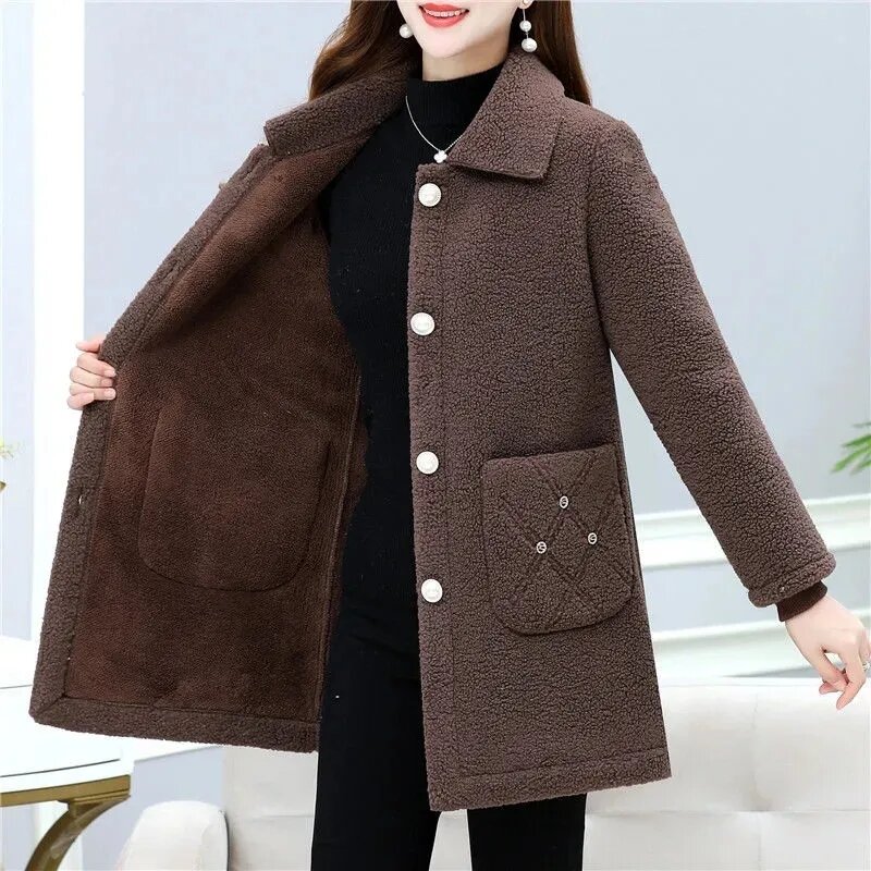 Зимнее пальто, женские парки, пальто из искусственной овечьей шерсти, новинка 2023, Женская длинная куртка для женщин среднего возраста, плотная, гранулированная бархатная верхняя одежда 5XL