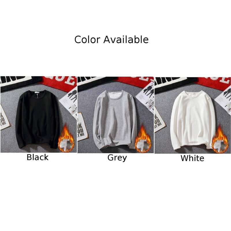 Tops de roupa interior térmica forrada com lã masculina, camiseta casual, gola em O, slim fit, monocromática, manga longa, camiseta, pulôver