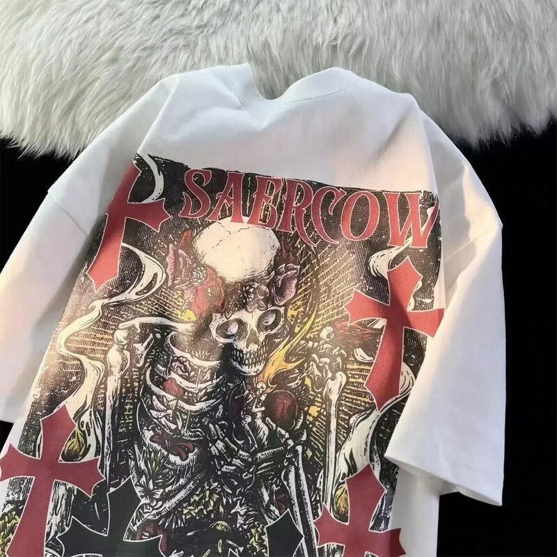 American Cotton High Street Skull Print Kurzarm T-Shirt Sommer lose abend län dische Street Fashion HipHop Goth Top Koreanisch