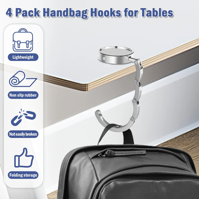 Gantungan tas lipat 4Pcs, untuk meja gantung logam portabel Anti Slip serbaguna, rak cincin kunci kait tas untuk penyimpanan luar ruangan