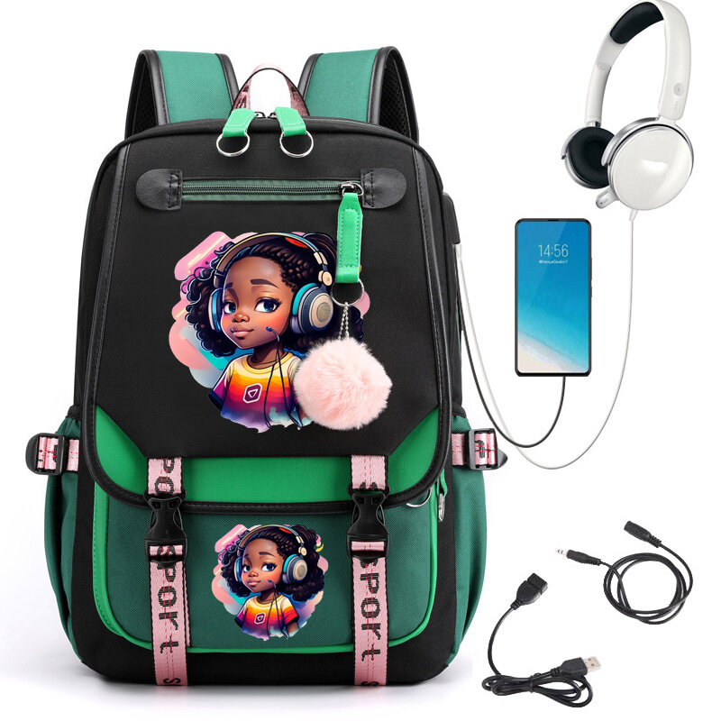 Sac à dos d'école imprimé fille noire, sac d'école de dessin animé mignon pour étudiants adolescents, cartable USB Anime, sacs à dos pour ordinateur portable adolescent