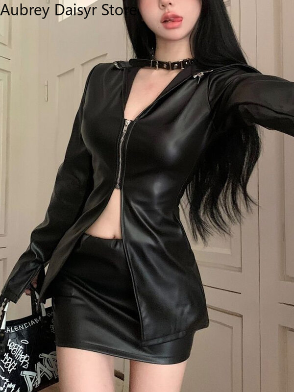Jaqueta de couro PU preta feminina, blazer casual fino, streetwear punk, cortada, zíper, coreano, verão, novo