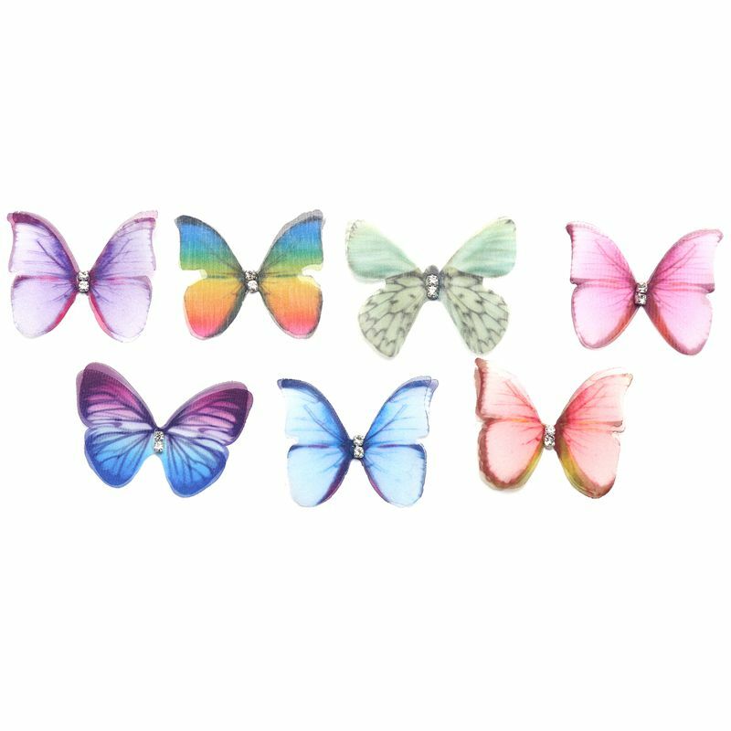 Strass cor degradê tecido borboleta apliques 38mm transparente chiffon borboleta para decoração de festa, enfeite de boneca