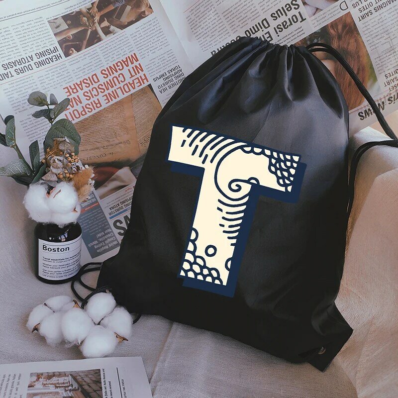 Sacos de cordão ondas criativas letras imprimir mochila das crianças saco de yoga feminino sacos de desenho à moda e portátil masculino ginásio saco
