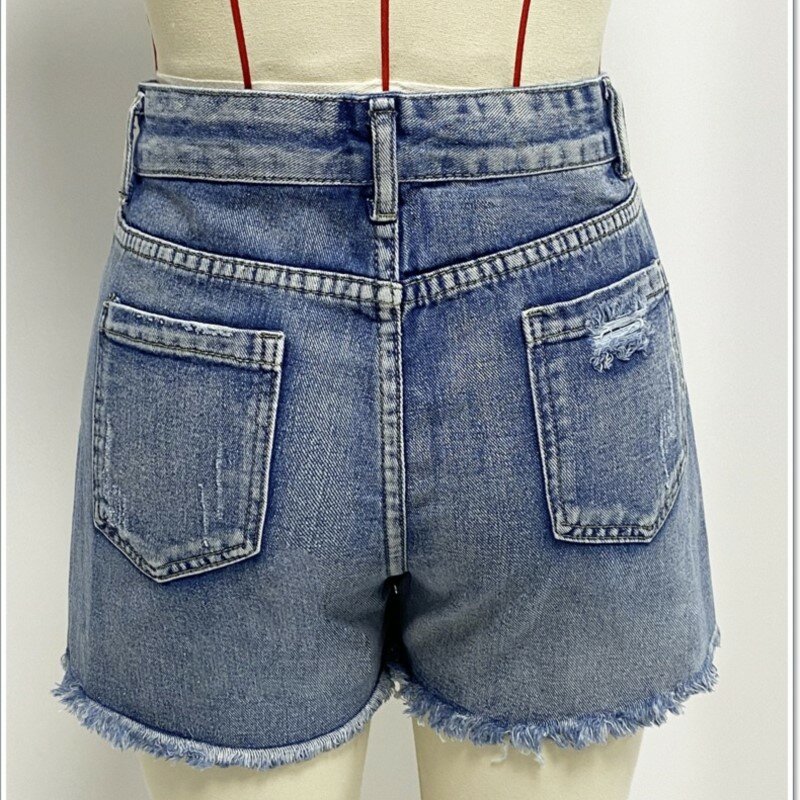 Y2k Jeans wanita, celana tiga perempat kasual rumbai lubang rusak musim panas
