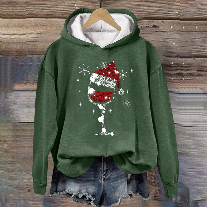 Фужеры с рождественским принтом, толстовки с капюшоном, Женская толстовка с принтом, повседневный 2023, осенне-зимний теплый пуловер, верхняя одежда