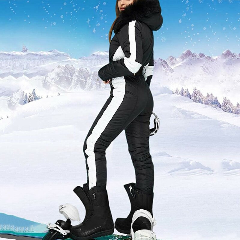 Women's Winter Ski Suit Waterproof Thicken Warm Snow Overalls Outdoor Sports Snowboard Clothes One-Piece Fur Hooded Ski Jumpsuit