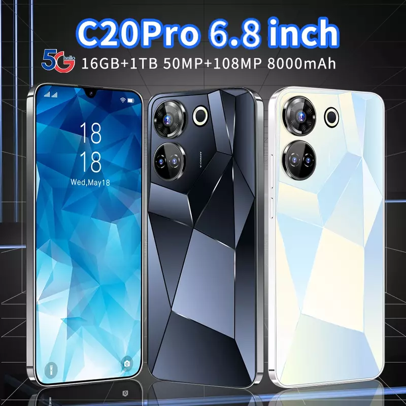 Neues c20 pro Smartphone 6.8 ''HD Android 13 16GB 1TB 8000mAh Global Edition 5g Gaming-Telefon Gesicht entsperren Finger abdruck entsperren