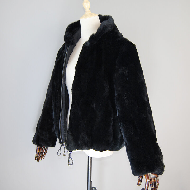 Mantel Bertudung Bulu Kelinci Rex Alami 100% Wanita Rusia Hangat Musim Dingin Mantel Bulu Kelinci Rex Asli Jaket Bulu Asli Laris