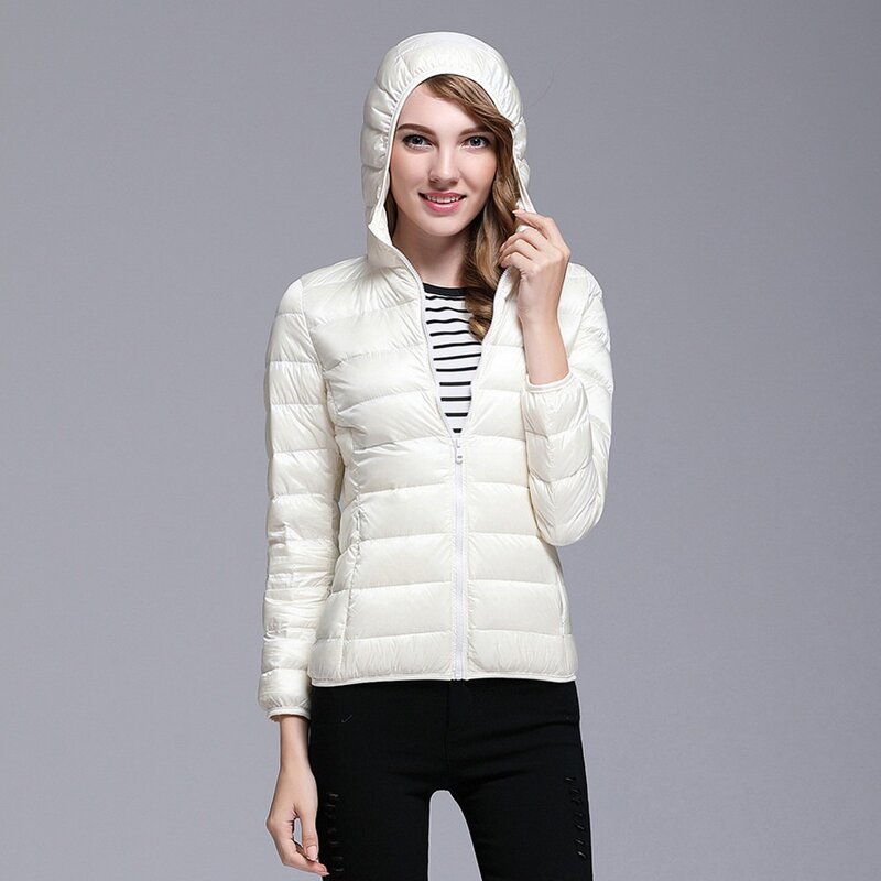 90% 여성용 화이트 덕 다운 코트, 초경량 얇은 후드 퍼퍼 재킷, 슬림하고 따뜻한 휴대용 코트, 아웃웨어, 2023 가을 겨울