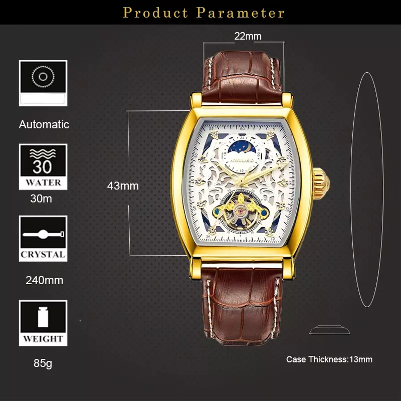 AOKULASIC Automatic Mechanical Watches Men's New Tourbillon Watch Moon Phase Tonneau Sports Clocks 2023 Male Business Wristwatch