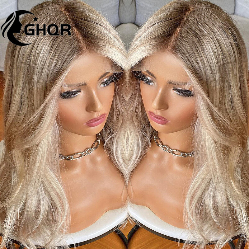 Ash Blonde Human Hair Wigs natural wave Hd Transparent Lace Brown Roots Ombre Pre Plucked Blonde 360 Lace Frontal Wig Human Hair
