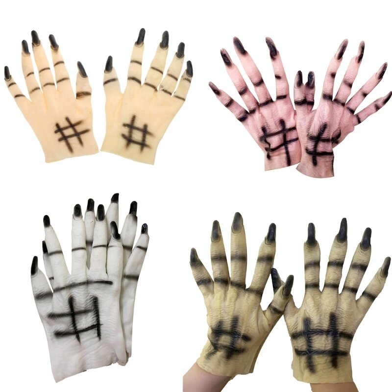 Halloweenowe damskie rękawiczki gumowe upiornym kształtem dłoni. Karnawałowe zaopatrzenie firm